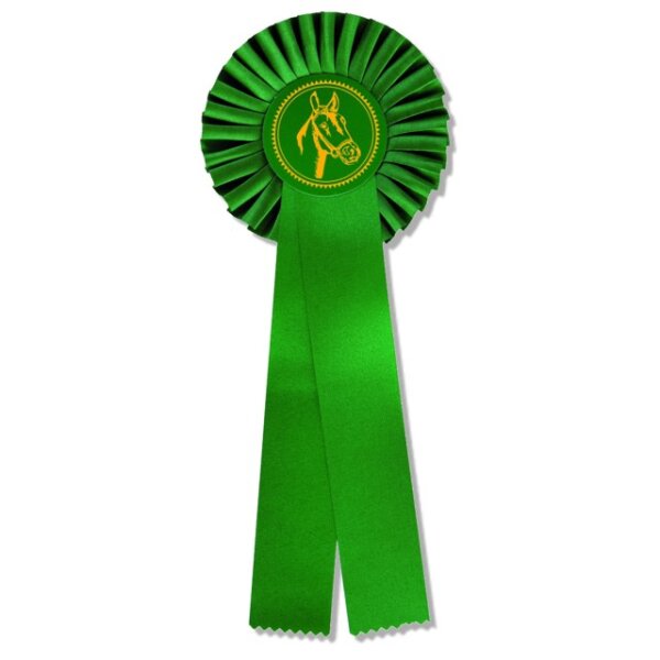 Turnierschleife ABAYA, grün mit Button Pferdekopf